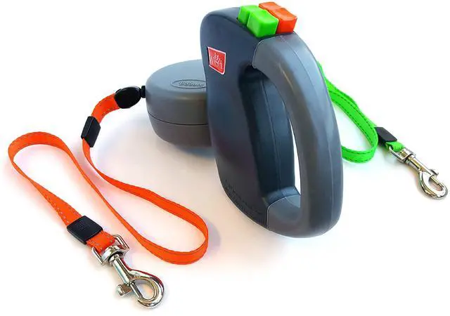 Alt view image 4 of 4 - Two Dog Reflective Retractable Pet Leash 360 Degree Zero Tangle Patent - Two Dogs Each up to 50 lbs and 10ft. Reflective Orange and Green Leads. Dual locking