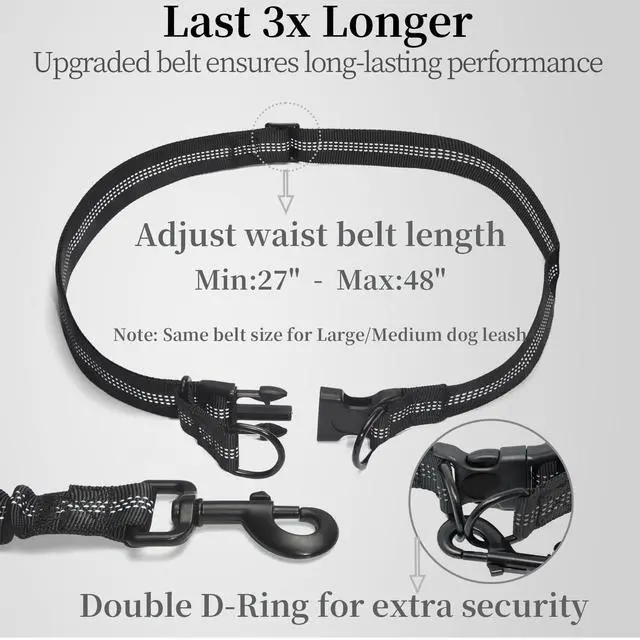 Alt view image 4 of 7 - Hands Free Dog Leash with Zipper Pouch, Large, 25-120 lbs, Black