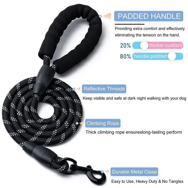 Alt view image 2 of 7 - 2 Pack Dog Leash, Heavy Duty Nylon Rope Pet Leashes (5FT-1/2,Black/Black)