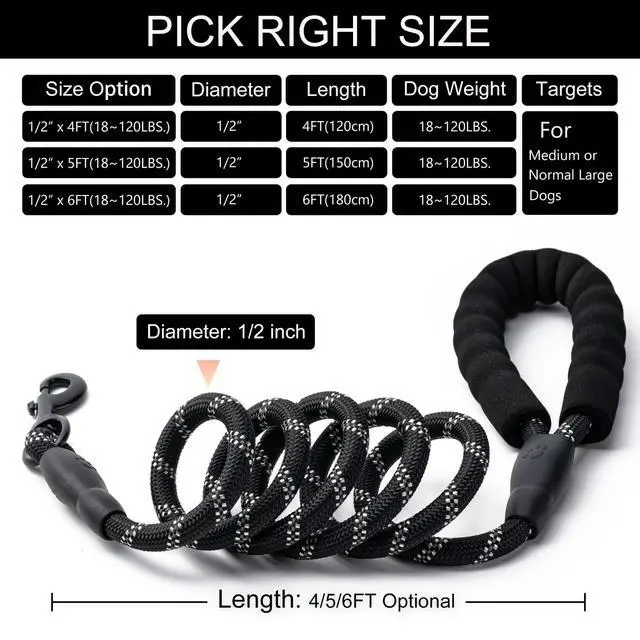 Alt view image 5 of 7 - 2 Pack Dog Leash, Heavy Duty Nylon Rope Pet Leashes (5FT-1/2,Black/Black)