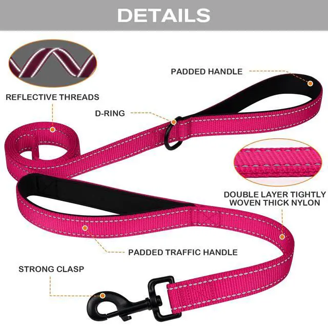 Alt view image 3 of 7 - Dog Leash for Large Dogs that Pull, Double Handle, 6FT, Hot Pink