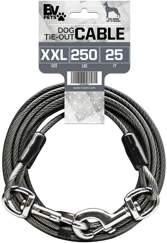 Main image of Dog Tie Out Cable 25 Feet - Heavy Duty Dog Lead Up to 250 Pounds - Reflective & Rust-Free with Quick Release Swivel Clips & 360° Rotating Clasp - Tangle-Free Dogs Runner for Yard (Grey, Single)