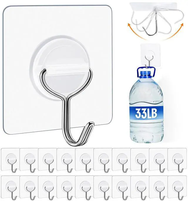 Main image of Adhesive Wall Hooks for Hanging Heavy Duty 33lb, Waterproof and Rustproof Transparent No Damage Sticky Hooks for Bathroom Kitchen Towel Outdoor Office and Home -24 Pack