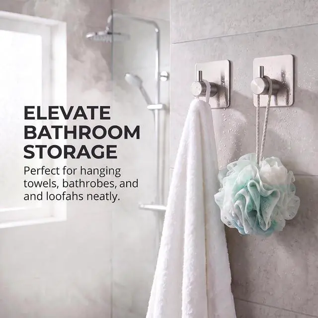Alt view image 5 of 7 - Adhesive Towel Hooks 15lbs Heavy Duty Wall Hooks Waterproof Stainless Steel Hanger for Hanging Coat, Hat, Towel Robe Hook Rack Wall Mount- Bathroom and Bedroom 4-Packs