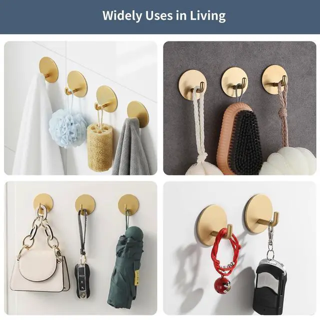 Alt view image 3 of 7 - Adhesive Hooks, Sticky Shower Hooks, Stick on Hooks Gold 4 Pcs