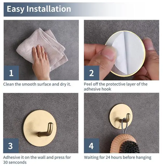 Alt view image 7 of 7 - Adhesive Hooks, Sticky Shower Hooks, Stick on Hooks Gold 4 Pcs