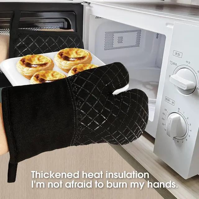 Alt view image 5 of 6 - Oven Mitts and Pan Racks 4-Piece Set, Extended Kitchen Oven Mitts and Pan Racks, Heat Resistant 500 °F, Silicone Non-Slip Surface for Baking and Cooking (Black)