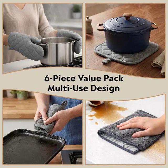 Alt view image 7 of 7 - Cotton Oven Mitts and Pot Holders Set, 6 Piece Kitchen Set
