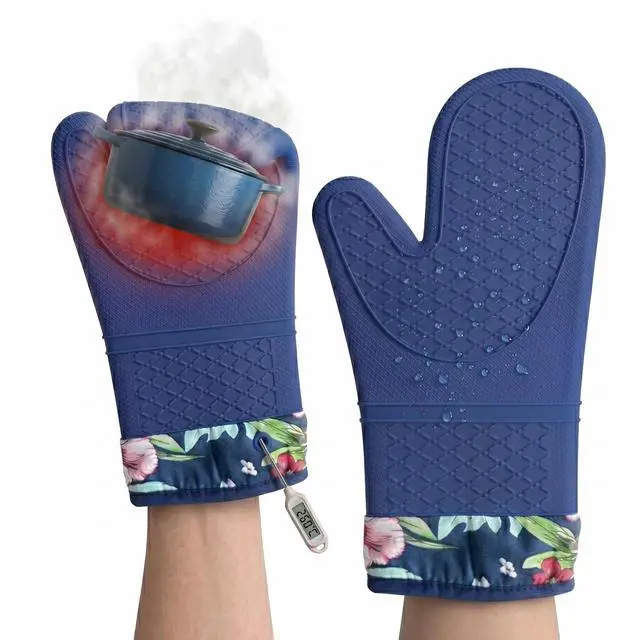 Main image of Pair of 2 Heat-Resistant Silicone Oven Mitts Extra Long, Non-Slip Grip, Soft Cotton Lining, Perfect for Baking, Cooking & BBQ 13 x 7 Kitchen Gloves (Blue Flora)