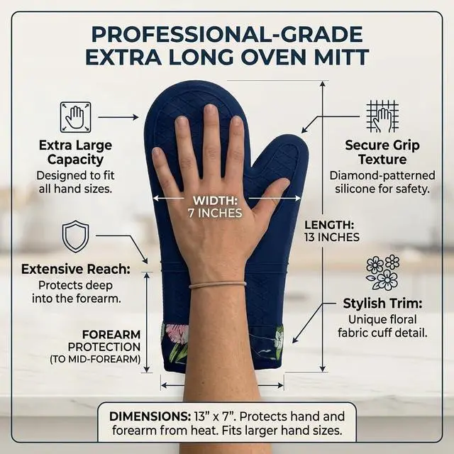 Alt view image 2 of 7 - Pair of 2 Heat-Resistant Silicone Oven Mitts Extra Long, Non-Slip Grip, Soft Cotton Lining, Perfect for Baking, Cooking & BBQ 13 x 7 Kitchen Gloves (Blue Flora)