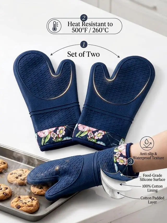 Alt view image 3 of 7 - Pair of 2 Heat-Resistant Silicone Oven Mitts Extra Long, Non-Slip Grip, Soft Cotton Lining, Perfect for Baking, Cooking & BBQ 13 x 7 Kitchen Gloves (Blue Flora)