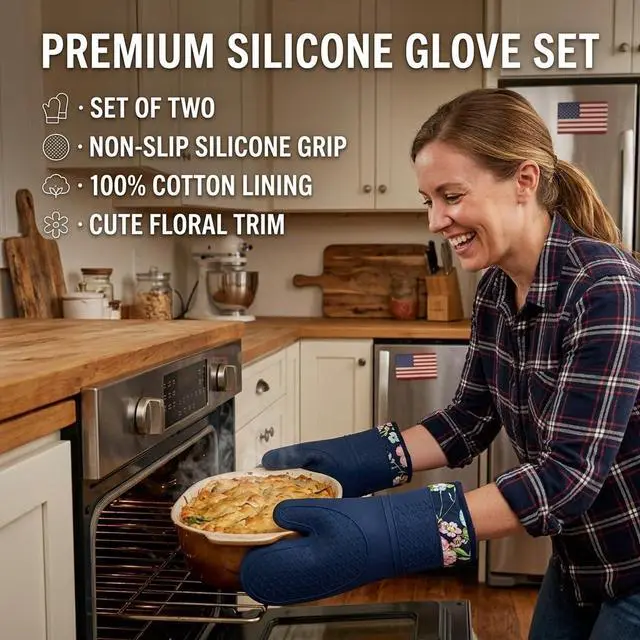 Alt view image 6 of 7 - Pair of 2 Heat-Resistant Silicone Oven Mitts Extra Long, Non-Slip Grip, Soft Cotton Lining, Perfect for Baking, Cooking & BBQ 13 x 7 Kitchen Gloves (Blue Flora)