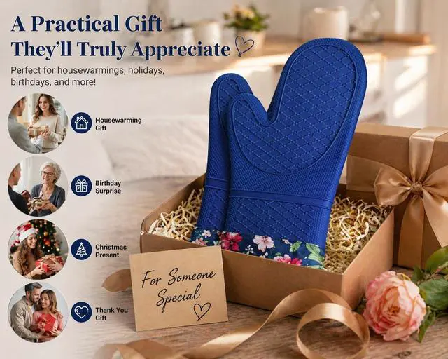 Alt view image 5 of 7 - Pair of 2 Heat-Resistant Silicone Oven Mitts Extra Long, Non-Slip Grip, Soft Cotton Lining, Perfect for Baking, Cooking & BBQ 13 x 7 Kitchen Gloves (Blue Flora)