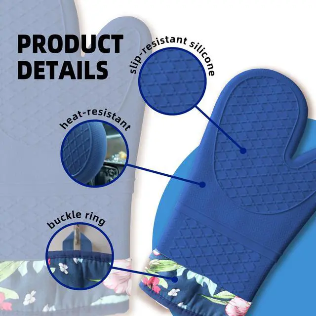 Alt view image 7 of 7 - Pair of 2 Heat-Resistant Silicone Oven Mitts Extra Long, Non-Slip Grip, Soft Cotton Lining, Perfect for Baking, Cooking & BBQ 13 x 7 Kitchen Gloves (Blue Flora)