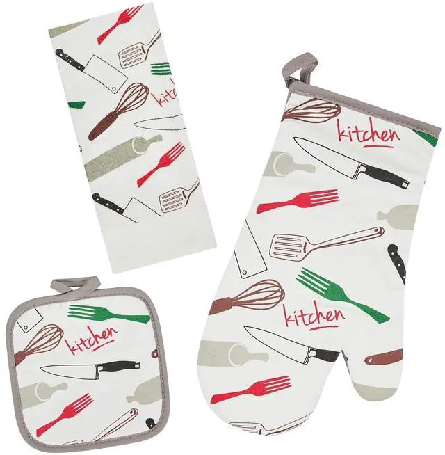 Main image of Oven Mitts and Potholders Dish Towles Set 100% Cotton for Perfect for Gifting, Baking, and Everyday Cooking Durable Heat Resistant for Kitchen and Machine Washable (3-Piece Fork and Knife)