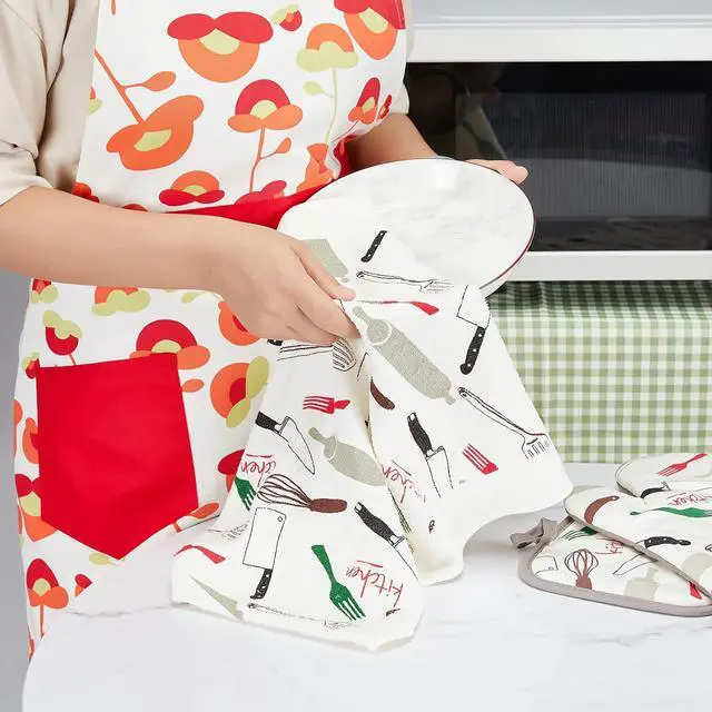 Alt view image 4 of 7 - Oven Mitts and Potholders Dish Towles Set 100% Cotton for Perfect for Gifting, Baking, and Everyday Cooking Durable Heat Resistant for Kitchen and Machine Washable (3-Piece Fork and Knife)