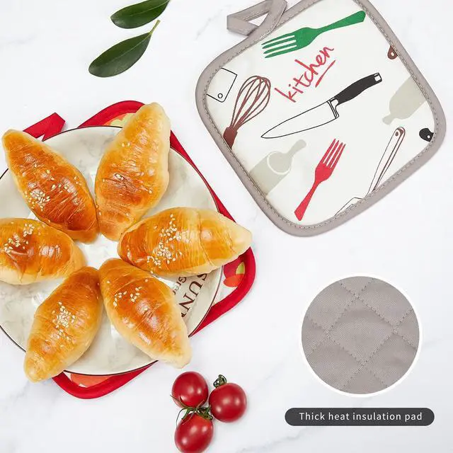 Alt view image 7 of 7 - Oven Mitts and Potholders Dish Towles Set 100% Cotton for Perfect for Gifting, Baking, and Everyday Cooking Durable Heat Resistant for Kitchen and Machine Washable (3-Piece Fork and Knife)
