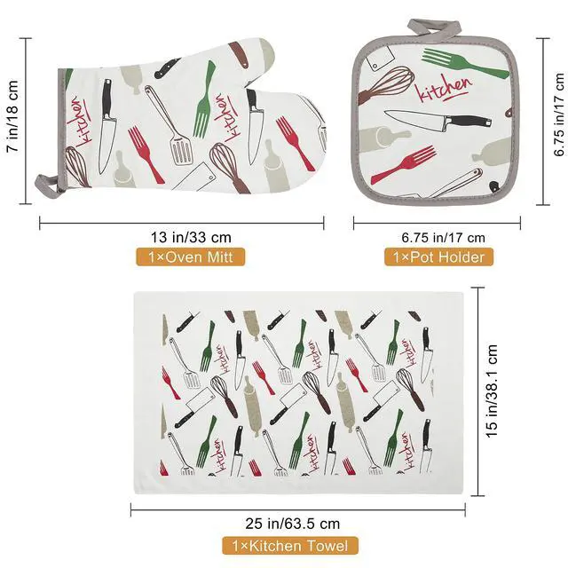 Alt view image 6 of 7 - Oven Mitts and Potholders Dish Towles Set 100% Cotton for Perfect for Gifting, Baking, and Everyday Cooking Durable Heat Resistant for Kitchen and Machine Washable (3-Piece Fork and Knife)