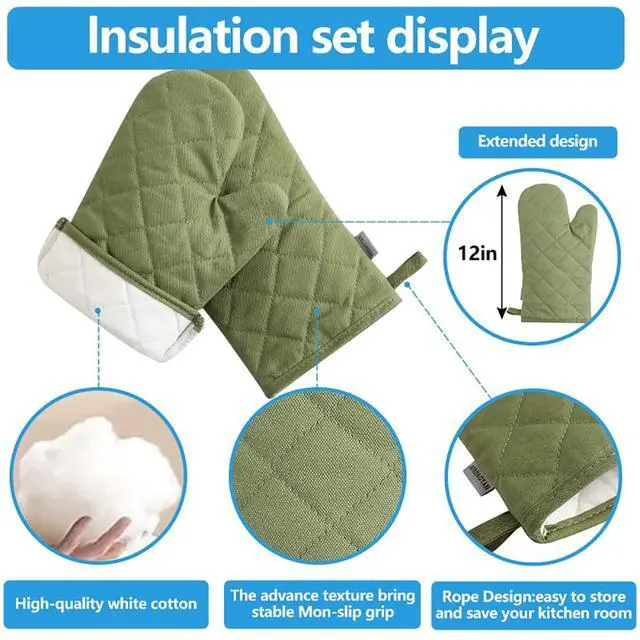 Alt view image 4 of 6 - Oven Mitts and Pot Holders 4 pcs Set,High Heat Resistant 500 Degree Extra Thicken Long Kitchen Cotton Oven Glove for Cooking (12 Inch,Green)