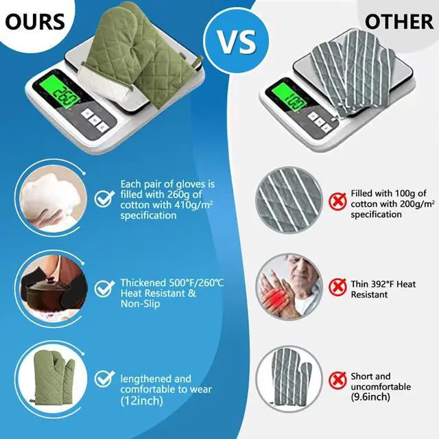 Alt view image 3 of 6 - Oven Mitts and Pot Holders 4 pcs Set,High Heat Resistant 500 Degree Extra Thicken Long Kitchen Cotton Oven Glove for Cooking (12 Inch,Green)