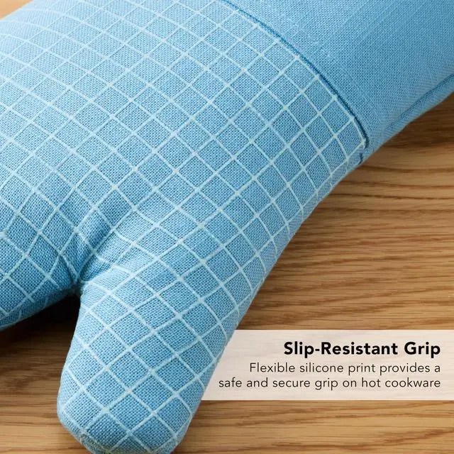 Alt view image 7 of 7 - Gourmet Series Gridlines Oven Mitts 2-Pack Set, Heat Resistant up to 600°F, Soft Silicone Grip, Magnetic Cuff, Blue Velvet, 7"x14"