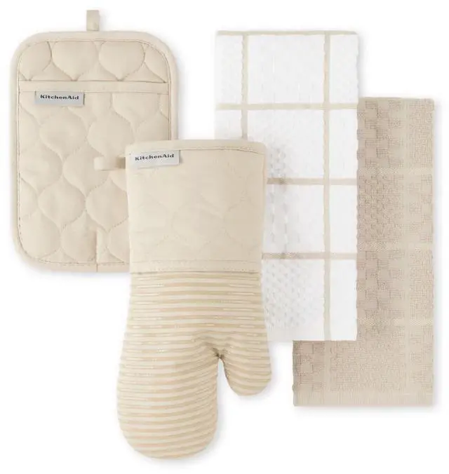 Main image of Quilted Cotton Terry Cloth Oven Mitt, Pot Holder, Kitchen Towel 4-Pack Set, Heat Resistant, Silicone Grip, 16"x26", 7"x13" & 7"x10", Milkshake Tan
