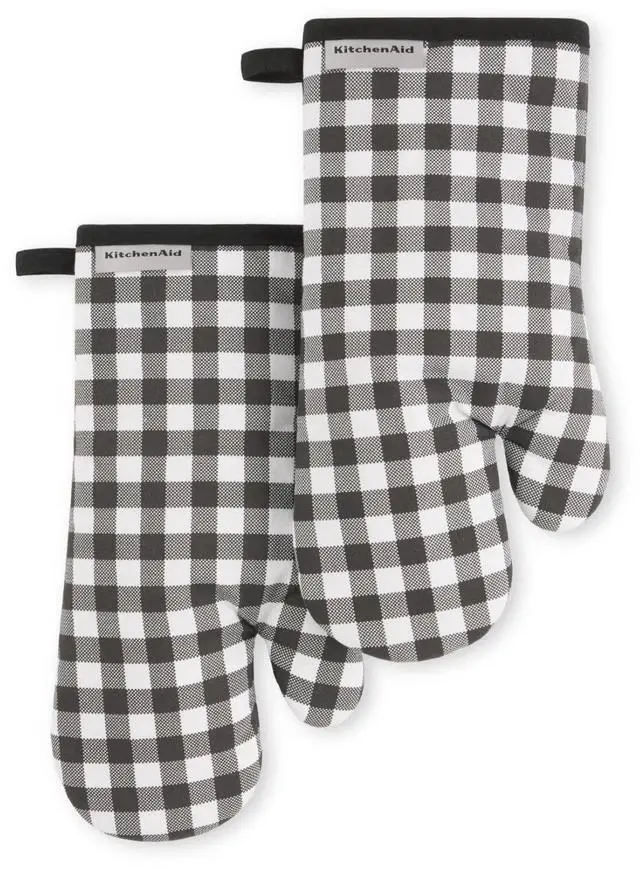 Main image of Gingham Oven Mitt 2-Pack Set, Matte Black, 7"x13"