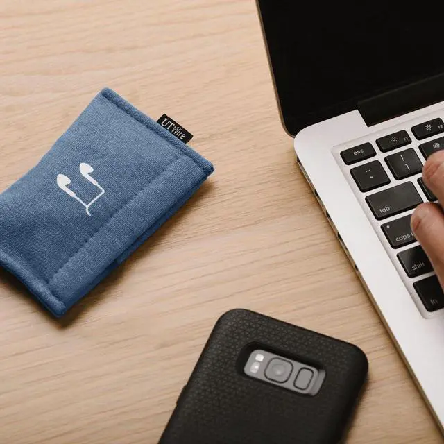 Alt view image 5 of 5 - Pocket Snap & Store Earphone Case Pouch, Slate Blue with Solid Grey Interior