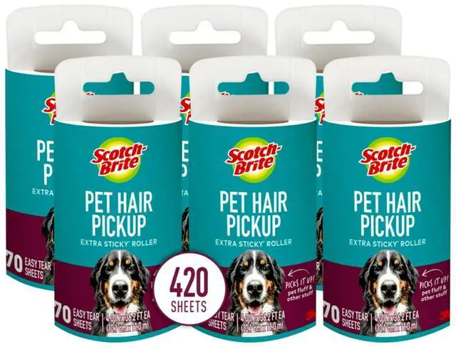 Main image of Pet Hair Pickup Extra Sticky Lint Roller, Designed for Removing Fur + Fluff on Couches, Clothes, Dog and Cat Beds, & More, 6 Pack, 420 Easy-Tear Adhesive Sheets Total