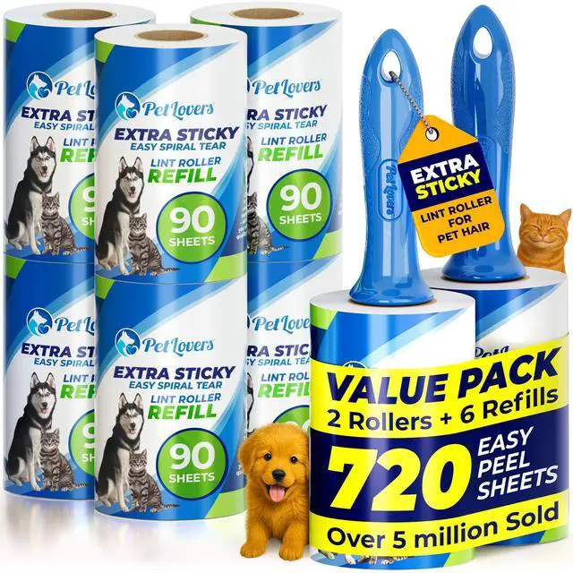 Main image of Extra Sticky Lint Roller Mega Value Set 720 Sheets for Pet Hair Removal and Clothes, Dog and Cat Lint Remover, 8 Pack
