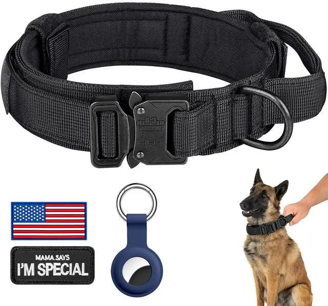 Main image of Tactical Dog Collar, Adjustable Military Training Nylon Dog Collar with Control Handle and Heavy Metal Buckle for Medium and Large Dogs, with Patches and Airtags Case (L, Black)