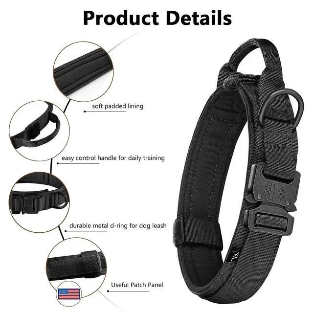 Alt view image 4 of 6 - Tactical Dog Collar, Adjustable Military Training Nylon Dog Collar with Control Handle and Heavy Metal Buckle for Medium and Large Dogs, with Patches and Airtags Case (L, Black)