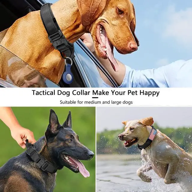Alt view image 6 of 6 - Tactical Dog Collar, Adjustable Military Training Nylon Dog Collar with Control Handle and Heavy Metal Buckle for Medium and Large Dogs, with Patches and Airtags Case (L, Black)