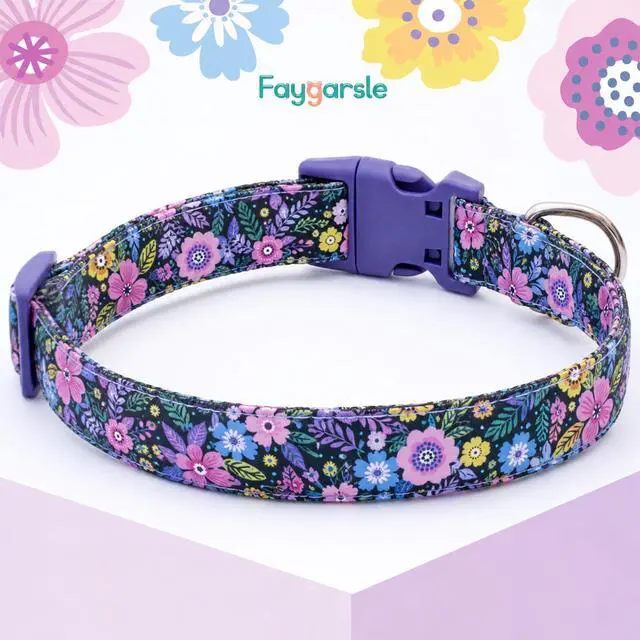 Alt view image 2 of 6 - Cotton Dog Collar Cute Dog Collars for Small Medium Large Dogs Purple Floral Colored Options Soft and Fancy Pet Collars for Girls Flower Pattern for Girl Dog Collar M