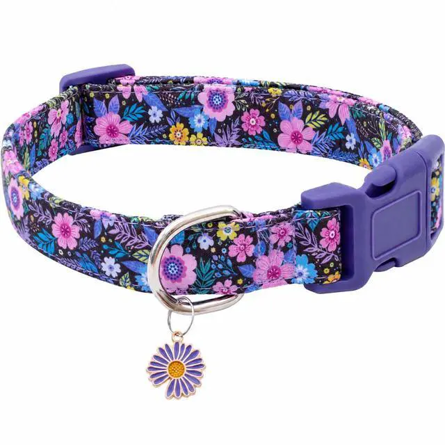 Main image of Cotton Dog Collar Cute Dog Collars for Small Medium Large Dogs Purple Floral Colored Options Soft and Fancy Pet Collars for Girls Flower Pattern for Girl Dog Collar M
