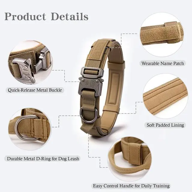 Alt view image 2 of 6 - Tactical Dog Collar Adjustable Military Nylon Dog Collar with Control Handle and Heavy Duty Metal Buckle for Medium and Large Dogs (Brown,L)