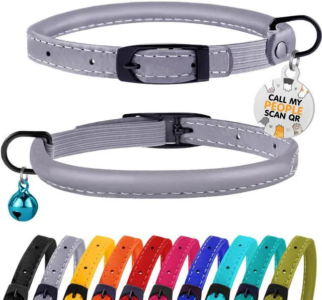 Main image of Cat Collar with Bell Kitten Rolled Leather Collars Safety QR ID Name Tag (Smoke Grey)
