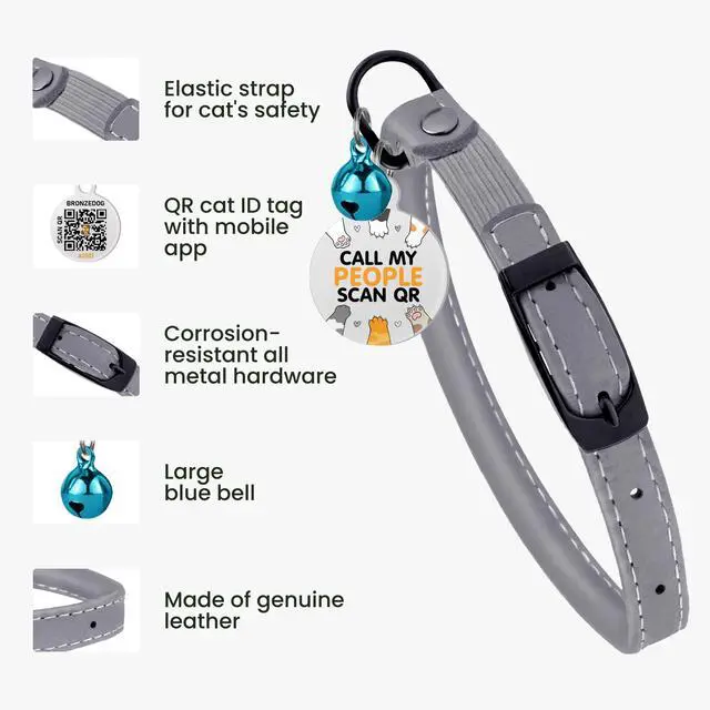 Alt view image 2 of 7 - Cat Collar with Bell Kitten Rolled Leather Collars Safety QR ID Name Tag (Smoke Grey)