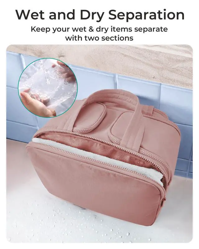 Alt view image 4 of 7 - Travel Toiletry Bag, Lightweight Large Wide-open Travel Bag for Women, Puffy Cosmetic Makeup Bag Organizer with Handle for Accessories,Essentials, Toiletries, Dark Pink