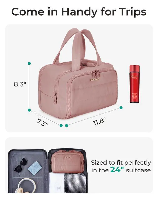 Alt view image 5 of 7 - Travel Toiletry Bag, Lightweight Large Wide-open Travel Bag for Women, Puffy Cosmetic Makeup Bag Organizer with Handle for Accessories,Essentials, Toiletries, Dark Pink
