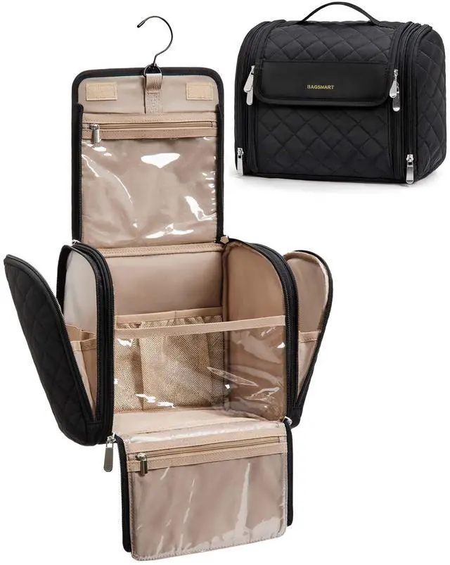 Main image of Makeup Bag for Women with Hanging Hook - Portable Cosmetic Case, Large Capacity Door Room Essentials Travel Organizer for Full Sized Cosmetics and Toiletries, Black