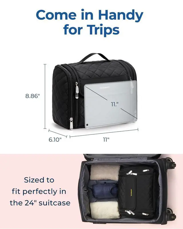 Alt view image 5 of 7 - Makeup Bag for Women with Hanging Hook - Portable Cosmetic Case, Large Capacity Door Room Essentials Travel Organizer for Full Sized Cosmetics and Toiletries, Black
