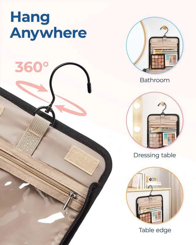 Alt view image 6 of 7 - Makeup Bag for Women with Hanging Hook - Portable Cosmetic Case, Large Capacity Door Room Essentials Travel Organizer for Full Sized Cosmetics and Toiletries, Black