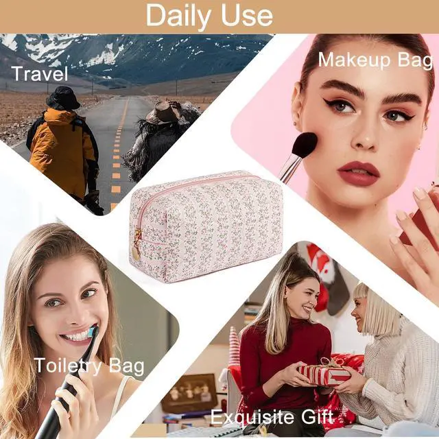 Alt view image 6 of 7 - Makeup Bag Travel Cosmetic Bag for Women Girls, Zipper Make Up Pouch, Floral Flowers Toiletry Organizer Makeup, Portable Storage Cosmetic Travel Cloth Bag (Pink)