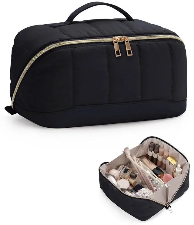 Main image of Makeup Bag for Women, Open Flat Puffy Organizer with Wipe-Clean PVC Lining