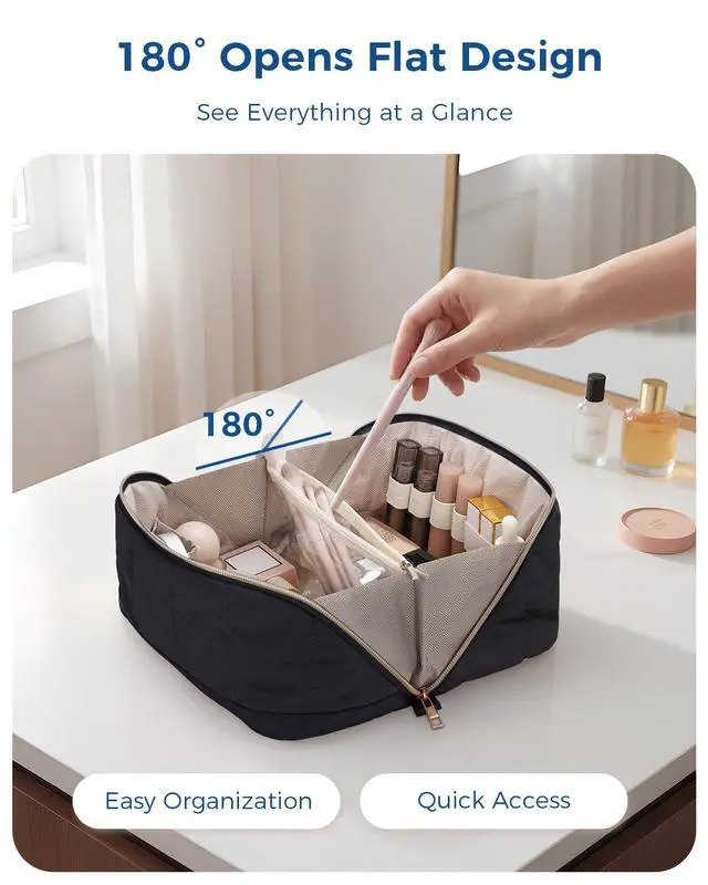 Alt view image 2 of 7 - Makeup Bag for Women, Open Flat Puffy Organizer with Wipe-Clean PVC Lining