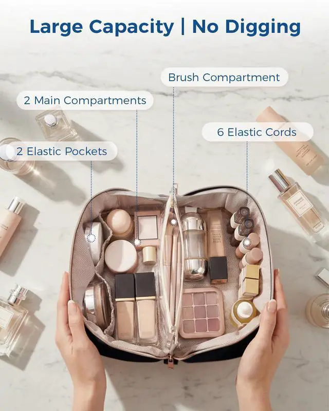 Alt view image 3 of 7 - Makeup Bag for Women, Open Flat Puffy Organizer with Wipe-Clean PVC Lining