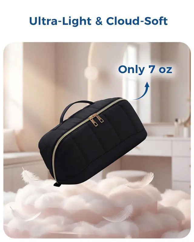 Alt view image 4 of 7 - Makeup Bag for Women, Open Flat Puffy Organizer with Wipe-Clean PVC Lining