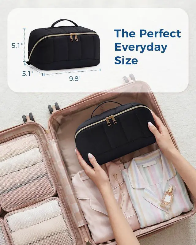 Alt view image 6 of 7 - Makeup Bag for Women, Open Flat Puffy Organizer with Wipe-Clean PVC Lining