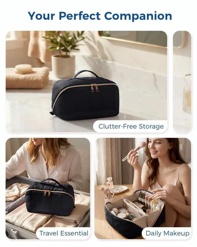 Alt view image 7 of 7 - Makeup Bag for Women, Open Flat Puffy Organizer with Wipe-Clean PVC Lining